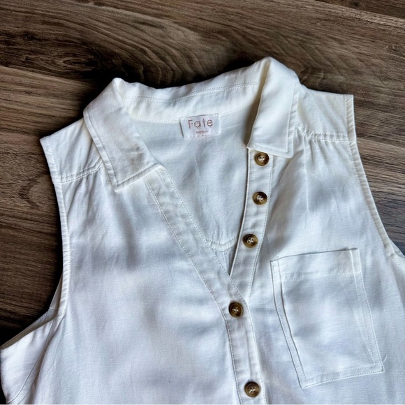 Fate Sleeveless V-Neck Collared Linen Blend Flounce Off White Dress Size M - Picture 4 of 14